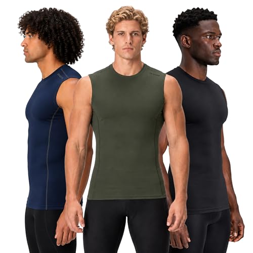 Image of DEVOPS 3 Pack Men's Athletic Compression Shirts Sleeveless | Gym Training, Running, Moisture Wicking, Compression Fit, 4-Way Stretch, UPF 50+, Sleeveless