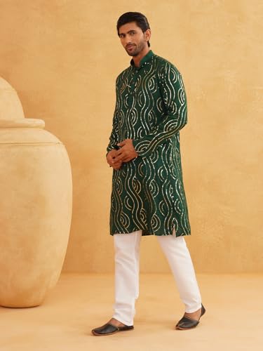 Image of SOJANYA (Since 1958 Men's Embroidered Sequinned Cotton Kurta With Churidar Pyjama Set