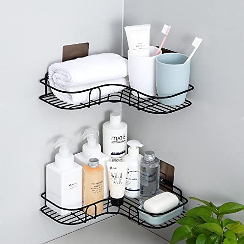 Image of Stainless Steel Self-Adhesive Metal Storage Organizer Bathroom Corner Rack Shelves (Black)