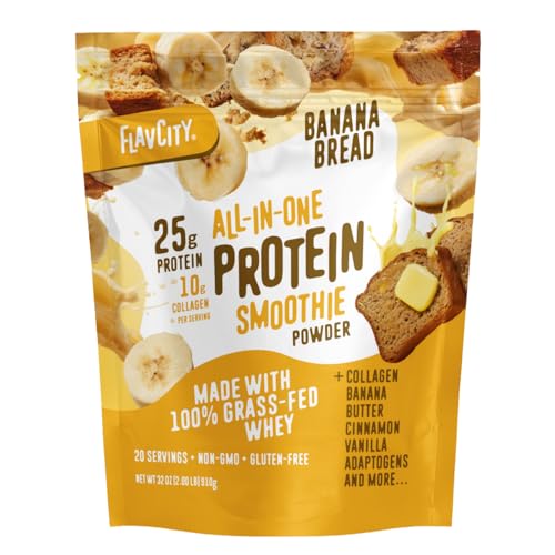 Image of FlavCity Banana Bread Protein Shake Powder, All in One Smoothie + Collagen Peptides, Reishi & Cordyceps - Focus, Skin, Hair & Joint Support - 100% Grass Fed Whey & Real Bananas, 20 Servings