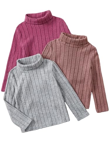 Floerns Girl's 3 Pcs Long Sleeve Solid Turtleneck Ribbed Knit Tee Shirt Hot Pink 3-4Y