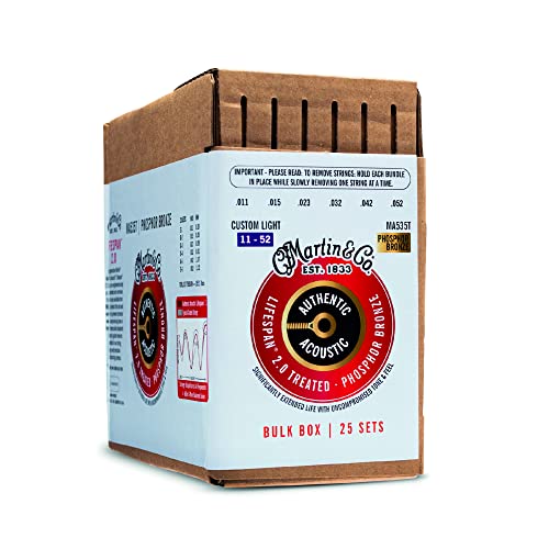 Martin Authentic Acoustic® Lifespan® 2.0 Guitar Strings – Phosphor Bronze, Custom Light Gauge, Bulk Box (25 Sets) |Bulk Box for Acoustic Guitar Players, Techs & Repair Shops