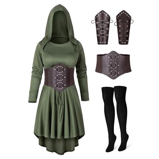 Irtysh Women Medieval Robe Renaissance Hooded Dress Belt Bracers Stock Set Cosplay Outfit Halloween Costume(JGN L)