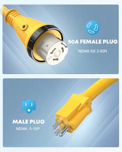 Image of Kohree 50 Amp to 15 Amp 110V RV Adapter Plug, 15 Amp Male to 50 Amp Female RV Power Adapter Cord 12 inch, RV Dogbone Electrical Adapter with Twist Lock Plug & LED Indicator