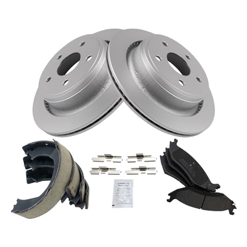 Image of TRQ Rear Brake Pad and Rotor Set Semi Metallic G Coated Rotors Parking Brake Shoe Compatible with 2003-2004 Dodge Ram 1500