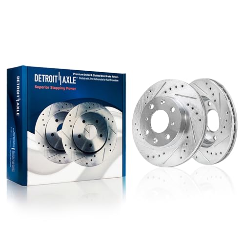 Image of Detroit Axle - Drilled & Slotted Front Brake Kit for 1990-2000 Honda Civic | 1990-1991 CRX Brake Rotors Ceramic Brake Pads 1992 1993 1994 1995 1996 1997 1998 1999 Replacement 9.45 inch inch Rotor