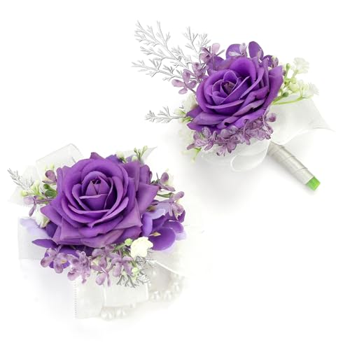 AWARDSEN Purple Corsage and Boutonniere Set Double Pearl Bracelets