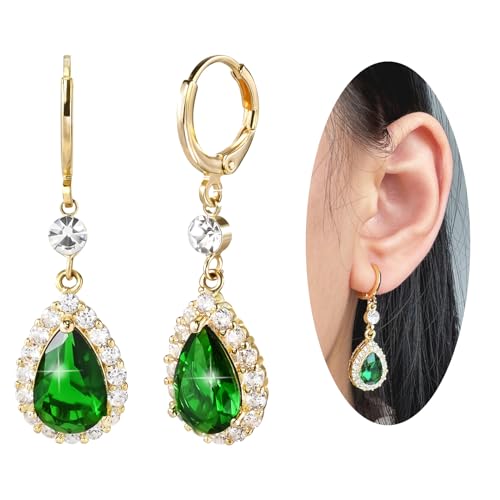 Emerald Green Earrings with 14k Gold Plated Sterling Silver Post Hypoallergenic Handmade Rhinestone Dangle Earrings for Women Fashion Trendy