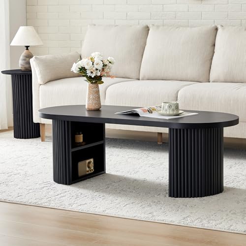 Image of Oval Fluted Coffee Table, 47 inch Farmhouse Wood Coffee Table Mid Century Modern Center Table Boho Living Room Tables for Living Room Office,Black