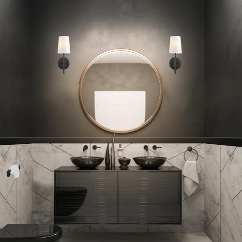 Image of Globe Electric 51859 1-Light Wall Sconce, Matte Black, White Fabric Shade, Wall Lighting, Wall Lamp Dimmable, Wall Lights for Bedroom, Kitchen Sconces Wall Lighting, Home Decor, Bulb Not Included