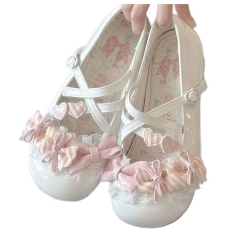 ZQW Lolita Lace Bow Heart Ballet Round-Toe Low Heel Mary Jane Shoes for Women Sweet Kawaii Footwear Cosplay Party Daily Wear