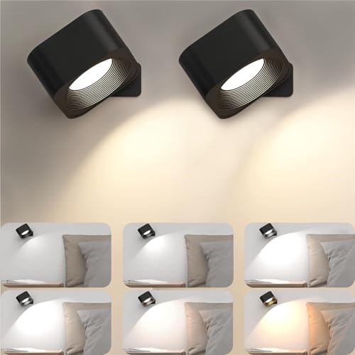 FOMYHEARD 2PC Aplique Pared Interior, LED Lampara de pared 360° Giratoria Lámpara de Interior Batería Recargable Tres Niveles de Temperatura de Color y Brillo, pare Estudio Apliques Pared Dormitorio