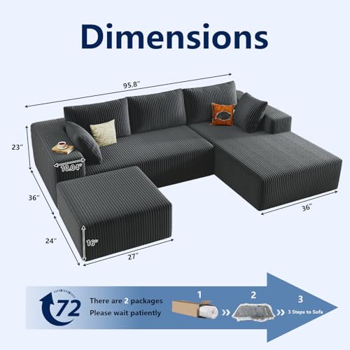 Image of 96 inch Modular Sectional Sofa with Ottoman, Modern Corduroy Cloud Couch with Deep Seat, Boneless Couch Upholstered 3-Seater U-Shaped Sofa for Living Room, No Assembly (Grey, Right-Facing Chaise)