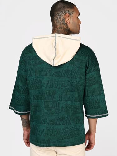 Image of Bewakoof Official Marvel Merchandise Men's All Over Printed Oversized Fit Extended Sleeve Hooded Pure Cotton T-Shirt
