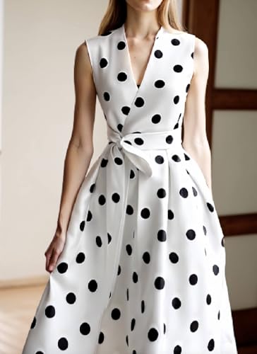 Womens 2025 Summer Sleeveless Midi Dress White Polka Dot Bow V Neck Flowy Aline Dresses Side Pocket Cocktail Dress3