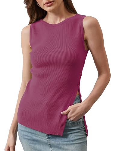 Image of Women Asymmetrical Button Sweater Vest Sleeveless Side Split Rib Knit Slim Fit Sweater Tank Top Summer Pullover Top
