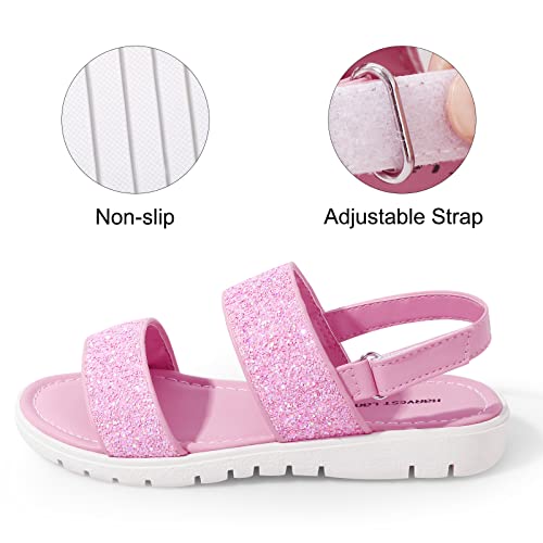 Harvest Land Girls Glitter Sandals Two Strap Open Toe Hook And Loop Summer Flats Shoes With Slingback Pink Size 1 Little Kid #TOP2