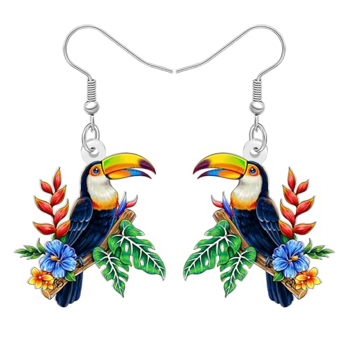 RAIDIN Acryl Niedliche Florale Tropische Tukan auf Zweig mit Blume Ohrringe Hängend Tiere Frühling Sommer Schmuck für Damen Mädchen Vogel-Liebhaber Geschenke Zubehör (Mehrfarbig)