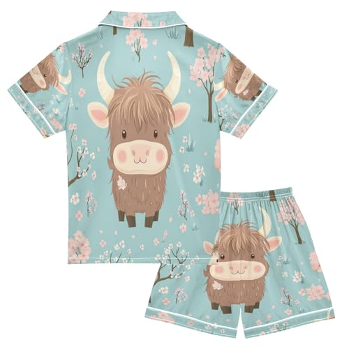 Satin Pajama Sets Short Sleeve Highland Cow and Cherry Blossom Button Down Silky Nightwear 2 Piece PJS 5-14Y2
