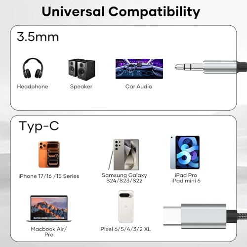 Tanzato USB C auf Klinke AUX Kabel 0.5M, USB C auf 3,5mm Jack Klinke Kabel Kompatibel mit iPhone 17 Air Pro Max/16/15,Samsung Galaxy,S25/S24/S23 Ultra,iPad,Huawei P40/Mate40,Home/Car Stereos