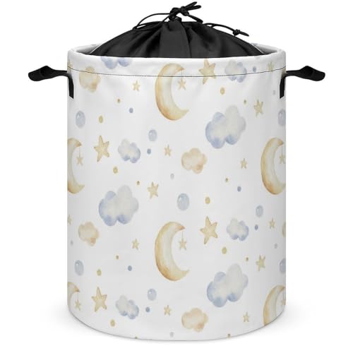 Image of Velumair Baby Laundry Hamper Cartoon Cute Kids Nursery Laundry Basket Drawstring Round Collapsible Toys Clothes Storage Organizer Moon and Stars Decor Baby Hamper for Boys Girls Bedroom