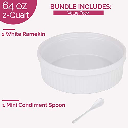 Souffle Dish Ramekins for Baking – 64 Oz, 2 Quart Large Ceramic Oven Safe Round Fluted Bowl with Mini Condiment Spoon for Soufflé Pot Pie Casserole Pasta Roasted Vegetables Baked Desserts (White)