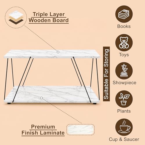 Image of JD FRESH Wooden Shelf Rack with Elegant Wooden Top /Shelving Unit & Organizer /Modern Centre Table with Sturdy Support & Spacious Storage Shelf for Living Room, Drawing Room & Balcony (White, Marble)
