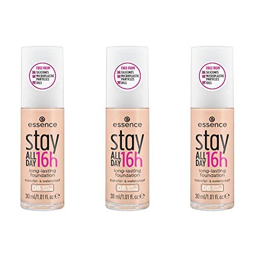 Esence Stay All Day - Base de maquillaje de larga duración, resistente a las manchas, resistente al agua, nº 08 Soft Vanilla, nude, duradero, mate, vegano, sin aceite, resistente al agua, 3 unidades