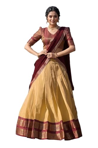 Image of RENVAANI Women's Traditional Kanjivaram Kanchipuram Silk Zari Weaving Unstitched Lehenga Choli with Dupatta