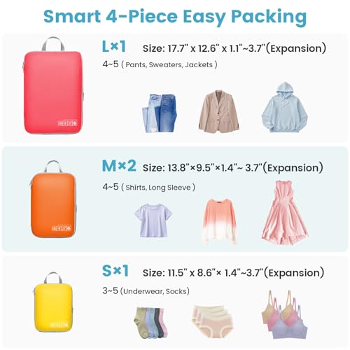 Cambond Compression Packing Cubes for Travel - 4 Piece Expandable Luggage Packing Organizers Bags Set, Lightweight Compression Cubes for Travel Essentials Carry on Suitcases, Multi-color by Cambond - Image 4