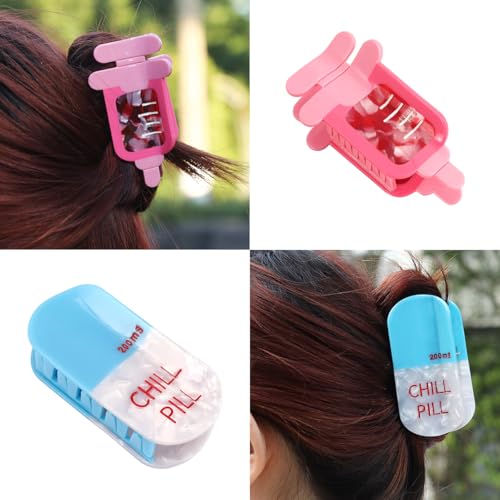 Pharmacy Syringe Hair Clip Large Chill Pill Hair Claw Clip Personalized Acetate Hair Accessory for Women (Blue Pill + Syringe)