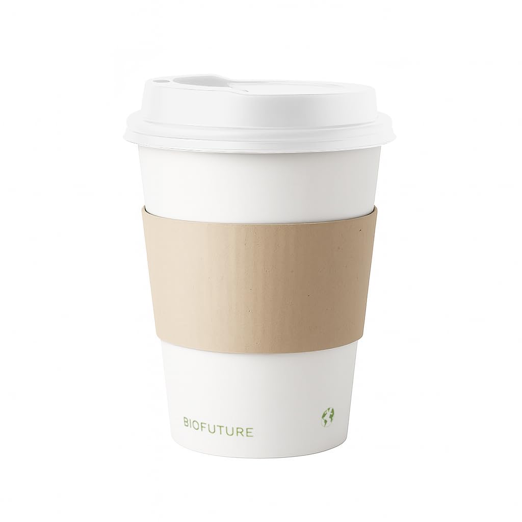 BIOFUTURE 200 x 12oz Takeaway Disposable Coffee Cups with White Lids and Sleeves – EN 13432 Certified, Biodegradable and Compostable Paper Cups for Coffee, Tea, and Hot Drinks (White)
