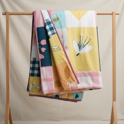 Image of LORETO - A QUALITY LINEN BRAND 100% Cambric Cotton Double Dohar 88 x 90 Inches, 3-Layer Lightweight AC Blanket with Soft Cotton Flannel Filling, Summer Quilt, Reversible, Pastel Garden on White Grid
