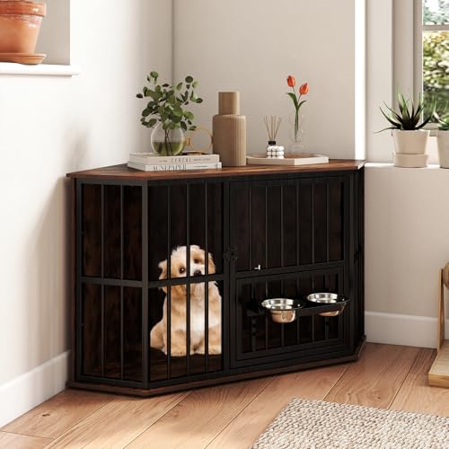 COSTWAY Eck Hundekäfig Möbel, Hundehütte mit verstellbarem Futterspender, 2 Edelstahlnäpfen & abschließbarer Tür, Hundebox aus Holz und Metall, für kleine mittelgroße Hunde, Indoor, Braun