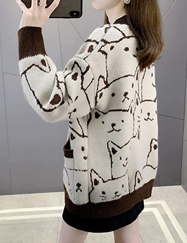 Arssm Cat Cardigan Sweater For Women Kawaii Cartoon Oversized Knit Loose Fit V Neck Printed Cardigan Coat(Brown-Medium) #TOP5