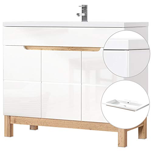 Lomadox Badmöbel Waschtisch Set mit 100cm Unterschrank in Hochglanz weiß, Wotaneiche, Keramik-Waschbecken, Softclose-Türen, B/H/T 100/85/46cm Lomadox Badmöbel Waschtisch Set mit 100cm Unterschrank in Hochglanz weiß, Wotaneiche, Keramik-Waschbecken, Softclose-Türen, B/H/T 100/85/46cm