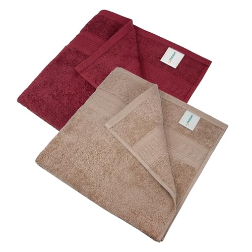 Image of MYTRIDENT Soft Comfort Air Rich 100% Cotton Towels for Bath, 500 GSM Large Size Bathroom Towels for Men /Women, 2PC Bath (69 cm x 137 cm), Acorn and Wine Red