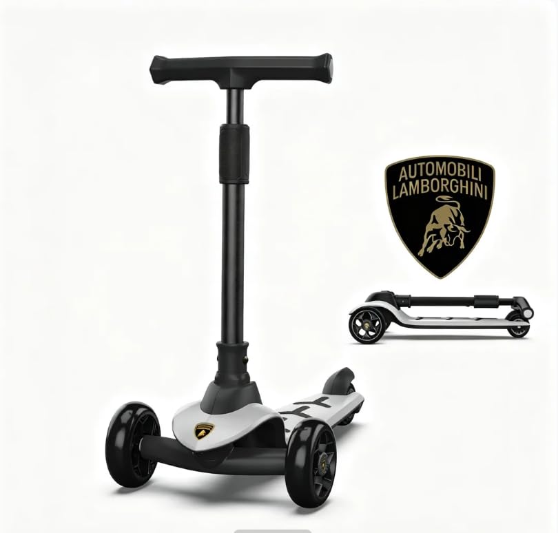 Lamborghini Kids Scooter, Big Wheels Foldable Kick Scooter, Flashing Lights, Adjustable Height, 3-Wheel Scooter for Kids Aged 3+ (Grey)