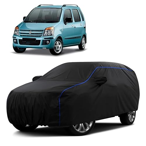 Image of Sulfar 100% Water Resistant Car Body Cover Compatible with Mirror for Maruti Suzuki Old Wagonr (Triple Stitched, Full Bottom Elastic, Black Tafetta with Blue Piping)