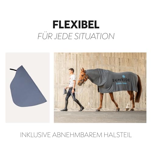 SUNRIDE Kühldecke für Pferde (Cool Down) 3-teilig - mit Halsteil und Tuch - sofortiger Kühleffekt durch Verdunstungskälte - nachhaltig - einfache Anwendung - grau (115 cm)