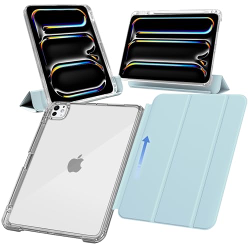 MS factory iPad Pro 11インチ ケース M5 M4 (2025/2024) 用 ペン収納 取り外し可能 軽量 耐衝撃 カバー 縦置き/横置きスタンド Pro 11 ケース ソフトフレーム 背面透明 ペールスカイブルー 水色 IPDP11m4-SLDPEN-PSK