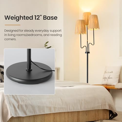 Image of Raffia Floor Lamp, 68in. Dimmable Boho Floor Lamps with Natural Raffia Shade, 3-Light Standing Lamp with Weighted Base, Soft Uplight for Living Room, Bedroom, Reading Corner (Dimmable-Raffia Shade)