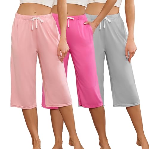 Image of U2SKIIN 3 Pack Womens Pajama Pants Capri Lounge with Pockets Comfy Drawstring Pj Bottoms Casual Summer Sleep