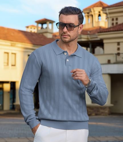 Mens Knit Polo Shirt Regualr Fit Lightweight Soft Casual Long Sleeve Striped Golf Polo Shirts4