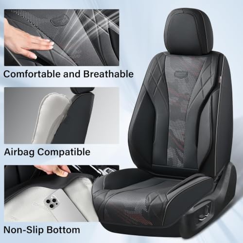 Image of Coverado Car Seat Covers, Black Car Seat Cover Full Set, Waterproof Seat Covers, Nappa Leather Seat Covers Protector Universal Fit for Most Cars SUV Trucks