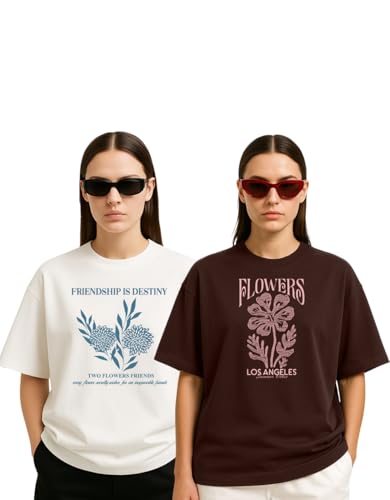 Image of Women's Oversized Cotton Blend Graphic T-Shirt Combo (Pack of 2) | Baggy Fit, Drop Shoulder, Half Sleeves | Sizes S to 2XL