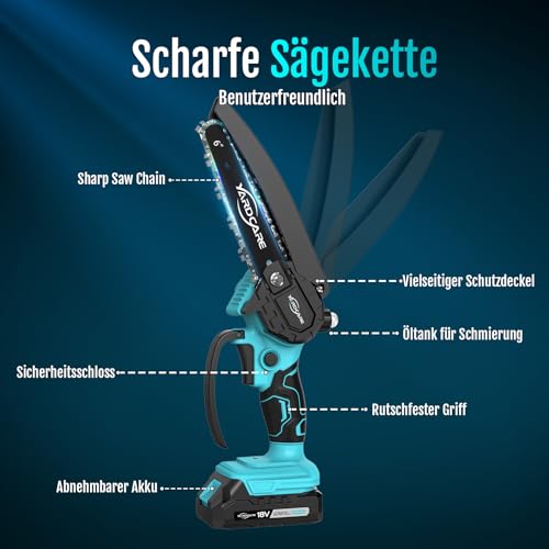 YARDCARE Mini Kettensäge mit Akku,6 Zoll Mini Kettensäge mit Ladegerät, Handkettensäge Elektro Motorsäge Elektrische, Handkettensäge Akku für Gartenscheren