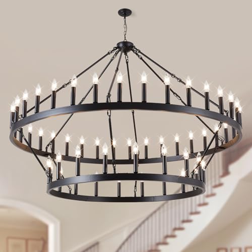 VBKK 60-Inch Black Extra Large Wagon Wheel Chandelier, 2 Tier 54-Light Farmhouse Chandeliers...