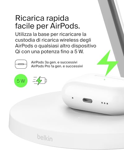Belkin BoostCharge Caricatore 3 in 1 con Qi2, base di ricarica wireless compatibile con MagSafe, caricatore iPhone 17, Air, Pixelsnap, Apple Watch e AirPods, alimentatore incluso - Bianco - Immagine 4