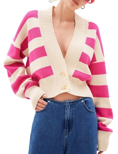 Arssm Womens Color Block Striped Sweater Long Sleeve Cardigans Button Down V Neck Knit Top Fashion 2024 Knitwear